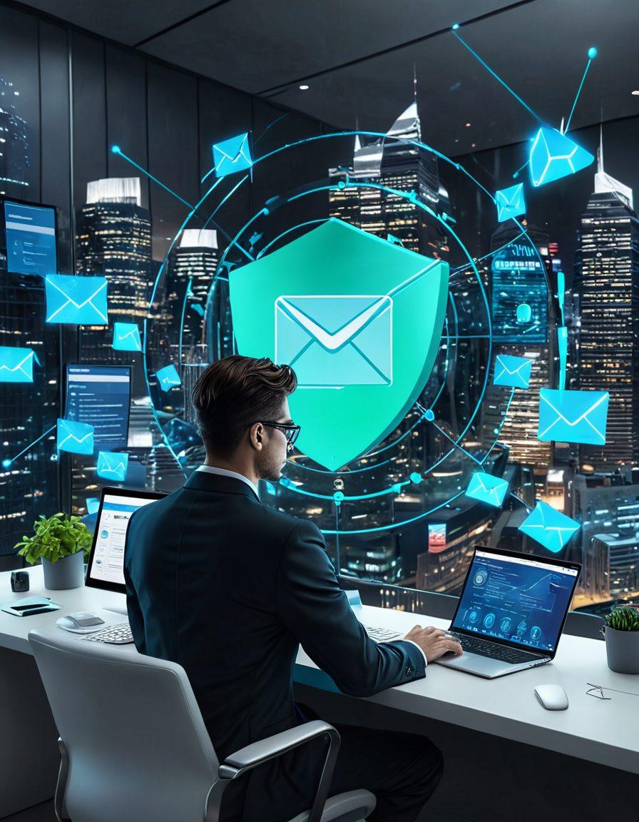 A futuristic email interface with a shield symbol representing spam protection, surrounded by digital debris of junk emails and fraud notifications. A person focuses on their screen with a determined expression, showcasing the importance of email quality assessments. Incorporate vibrant colors like blue and green for a technological feel, with an abstract cityscape in the background symbolizing cybersecurity. super-realistic. vibrant colors. 3D.