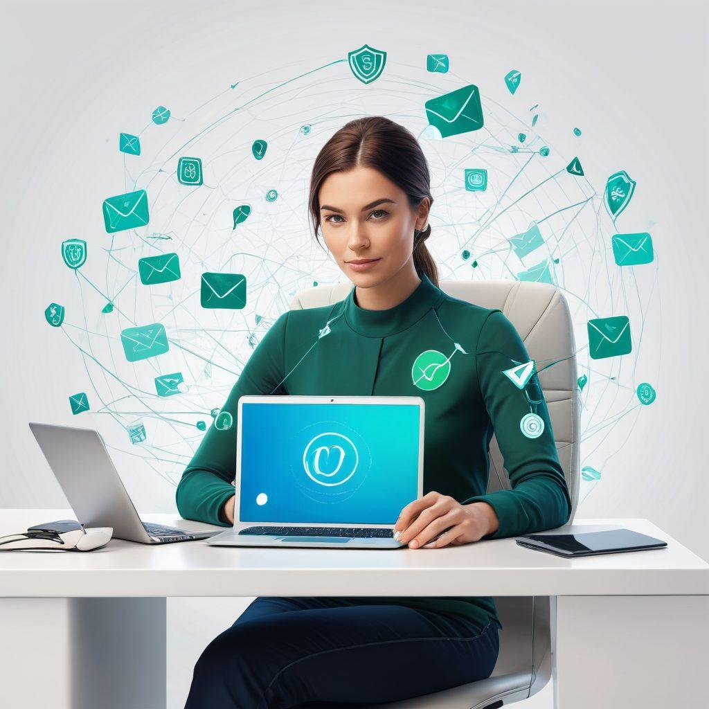 A captivating digital illustration featuring a confident person sitting at a computer, surrounded by floating icons of email, locks, and checkmarks, symbolizing safety and verification. In the background, a shield represents security, while a network of interconnected lines signifies the vastness of email communication. The color palette should include blues and greens to evoke trust and security. super-realistic. vibrant colors. white background.