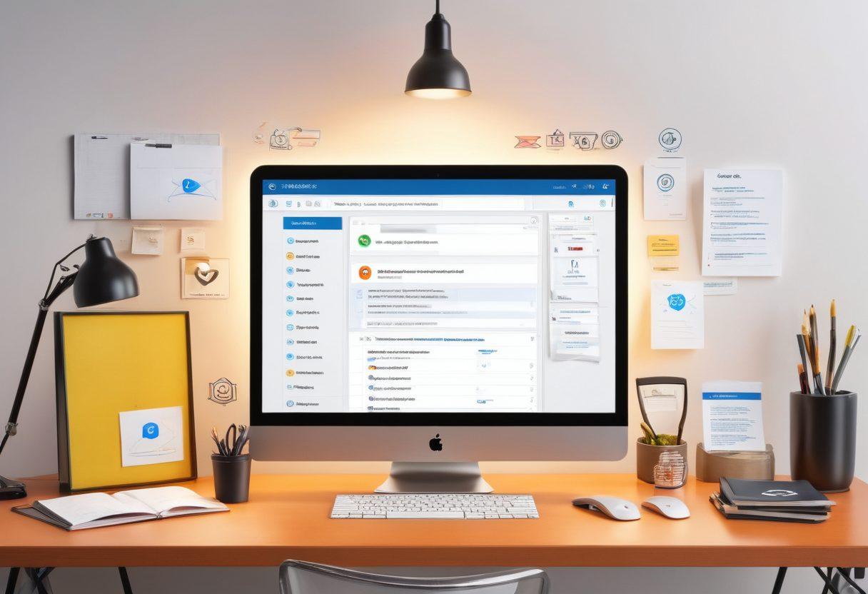 An engaging illustration of a computer screen displaying an email inbox with highlighted messages indicating verification statuses. Surrounding the screen are various tools and icons symbolizing email safety, like shields, checkmarks, and magnifying glasses. A glowing light bulb represents innovative ideas in email integrity. The setting is an organized office space with a warm, inviting atmosphere. super-realistic. vibrant colors. white background.